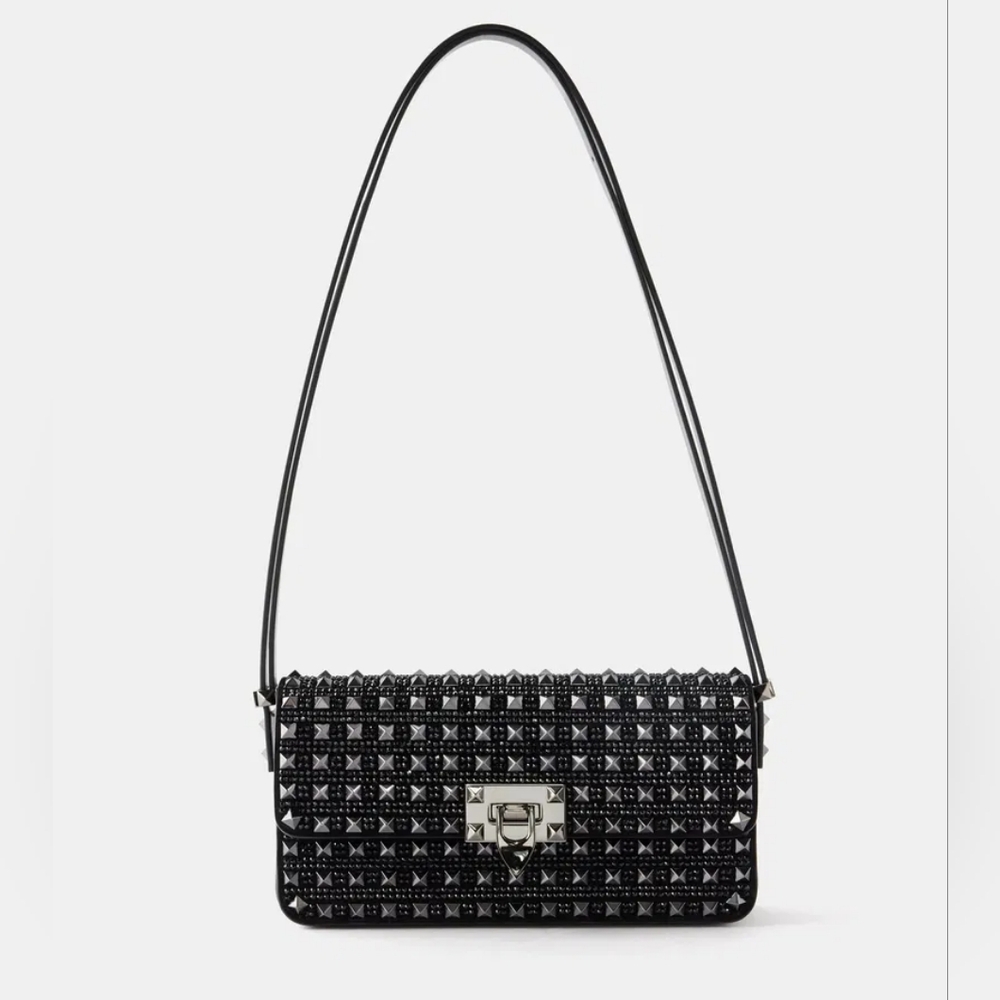 Valentino Garavani Rockstud23 E/W Black Rhinestone Shoulder Bag NWT